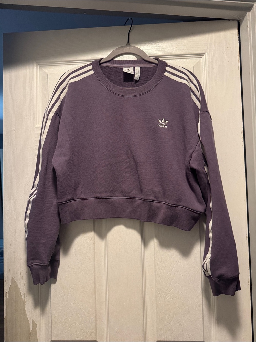 adidas Purple Cropped Crew Sweatshirt with White Stripes